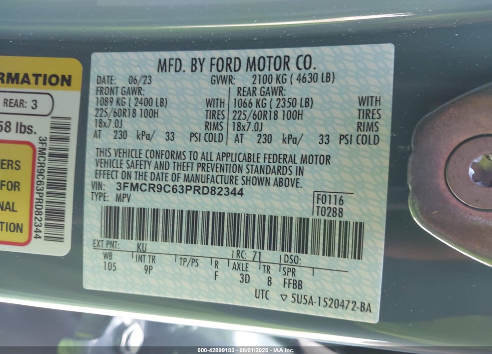 2023 FORD BRONCO SPORT VIN: 3FMCR9C63PRD82344