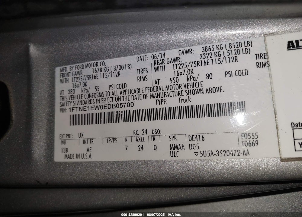 2014 FORD E-150 COMMERCIAL VIN: 1FTNE1EW0EDB05700