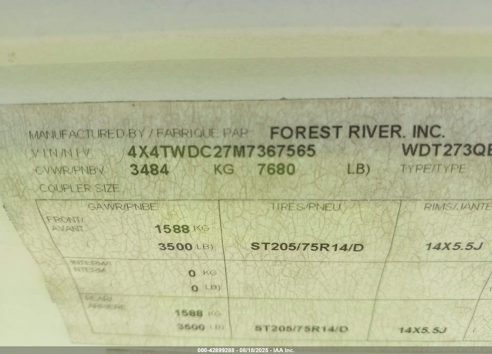 2021 FOREST RIVER WILDWOOD 273 QBXL VIN: 4X4TWDC27M7367565