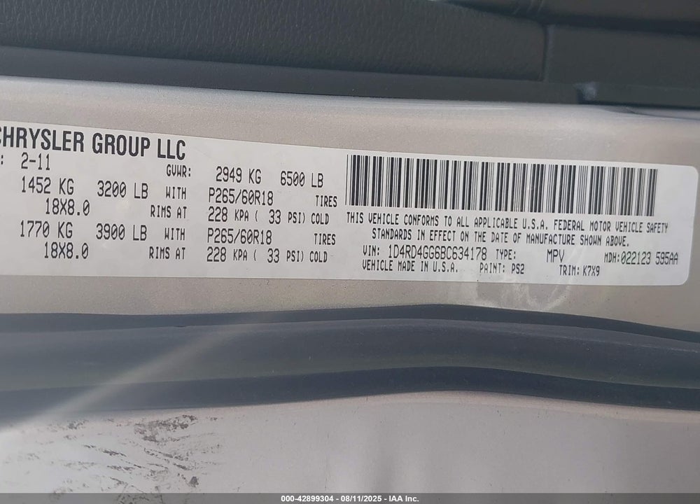 2011 DODGE DURANGO VIN: 1D4RD4GG6BC634178