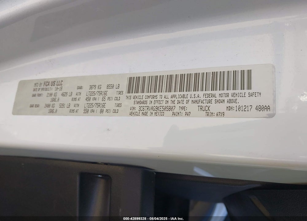 2019 RAM PROMASTER 1500 VIN: 3C6TRVAG9KE505807
