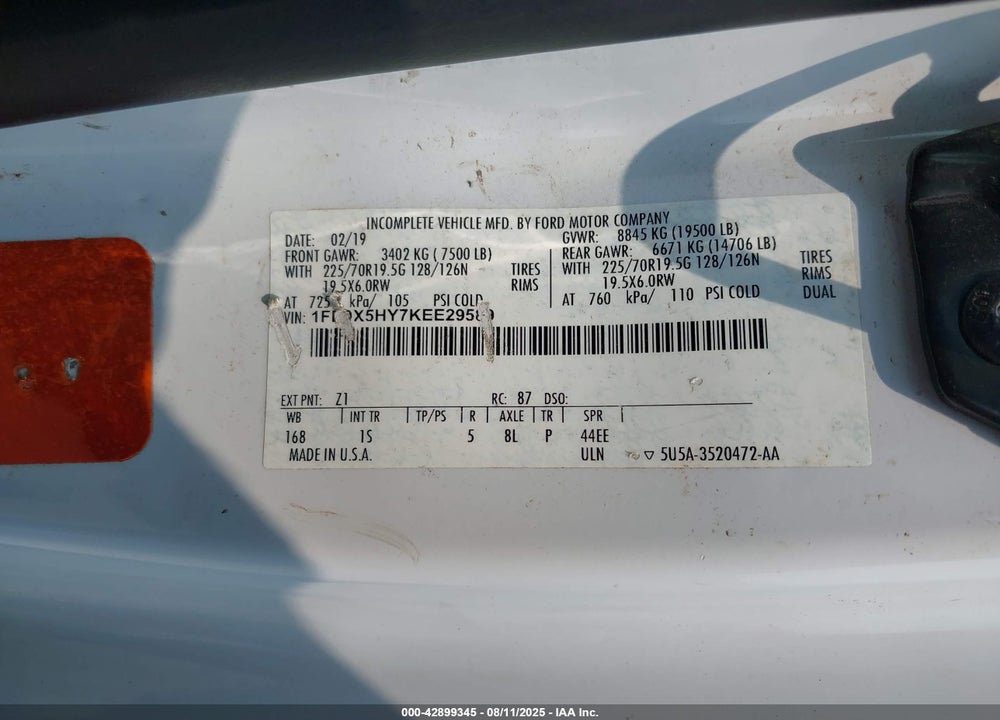 2019 FORD F-550 CHASSIS XL VIN: 1FD0X5HY7KEE29589