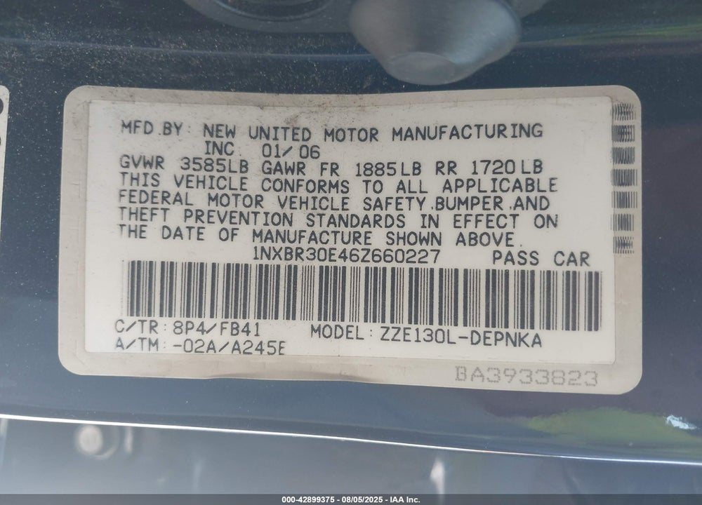 2006 TOYOTA COROLLA LE VIN: 1NXBR30E46Z660227