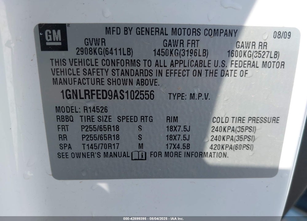 2010 CHEVROLET TRAVERSE VIN: 1GNLRFED9AS102556