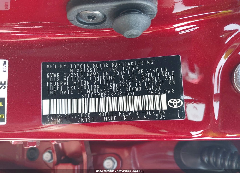 2025 TOYOTA COROLLA VIN: 5YFB4MDE5SP291050