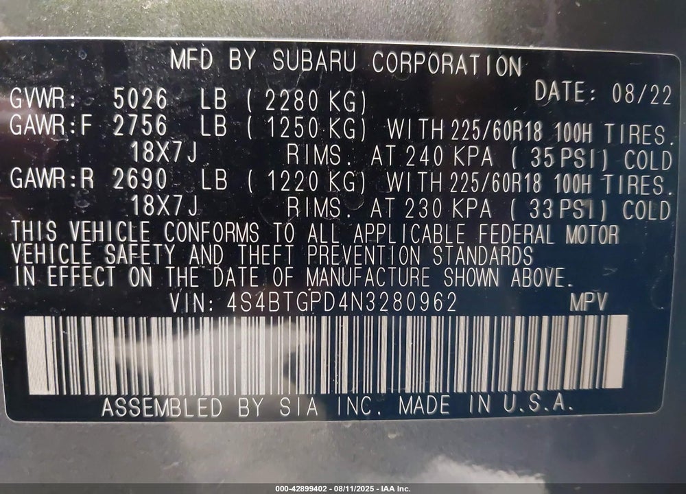 2022 SUBARU OUTBACK TOURING XT VIN: 4S4BTGPD4N3280962