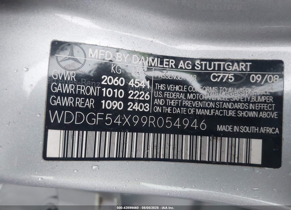 2009 MERCEDES-BENZ C CLASS VIN: WDDGF54X99R054946