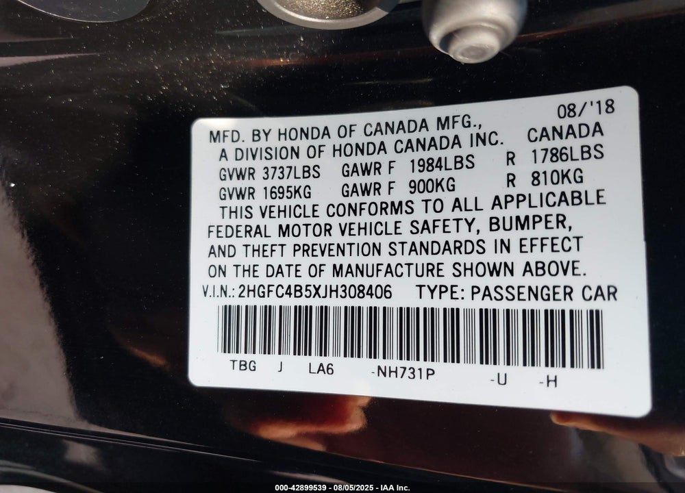 2018 HONDA CIVIC LX VIN: 2HGFC4B5XJH308406