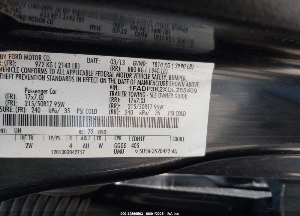 2013 FORD FOCUS VIN: 1FADP3K2XDL285409