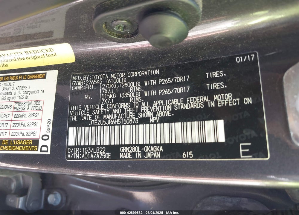 2017 TOYOTA 4RUNNER VIN: JTEZU5JR6H5150873