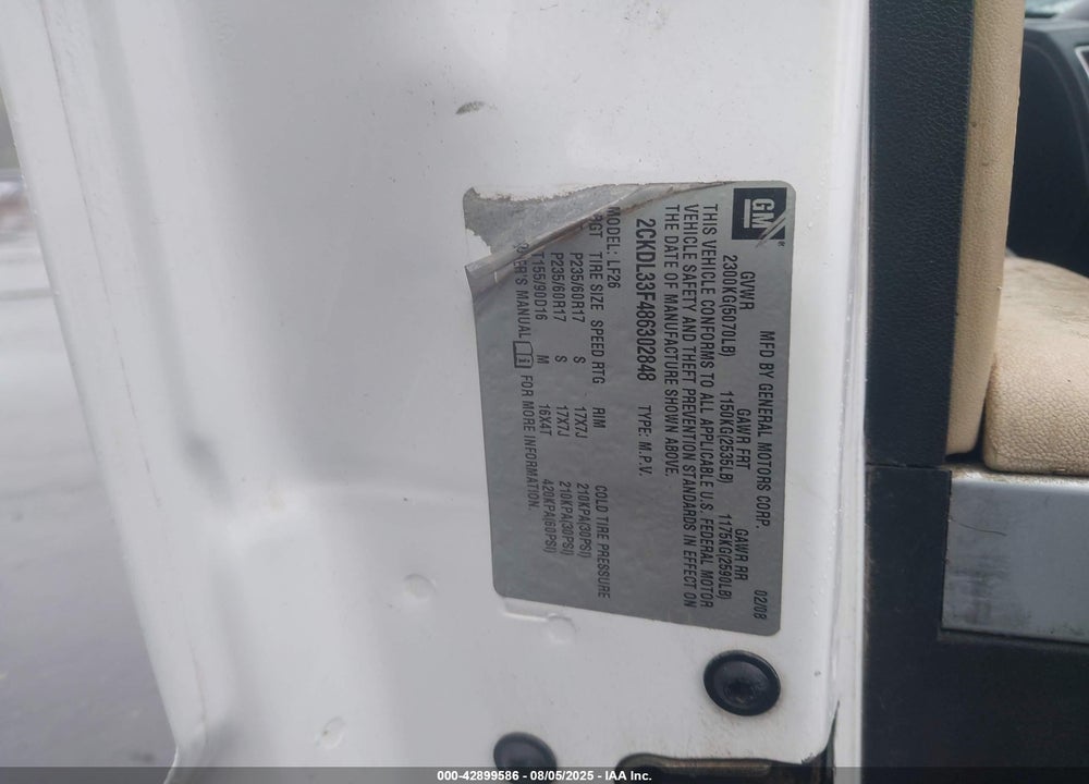 2008 PONTIAC TORRENT VIN: 2CKDL33F486302848