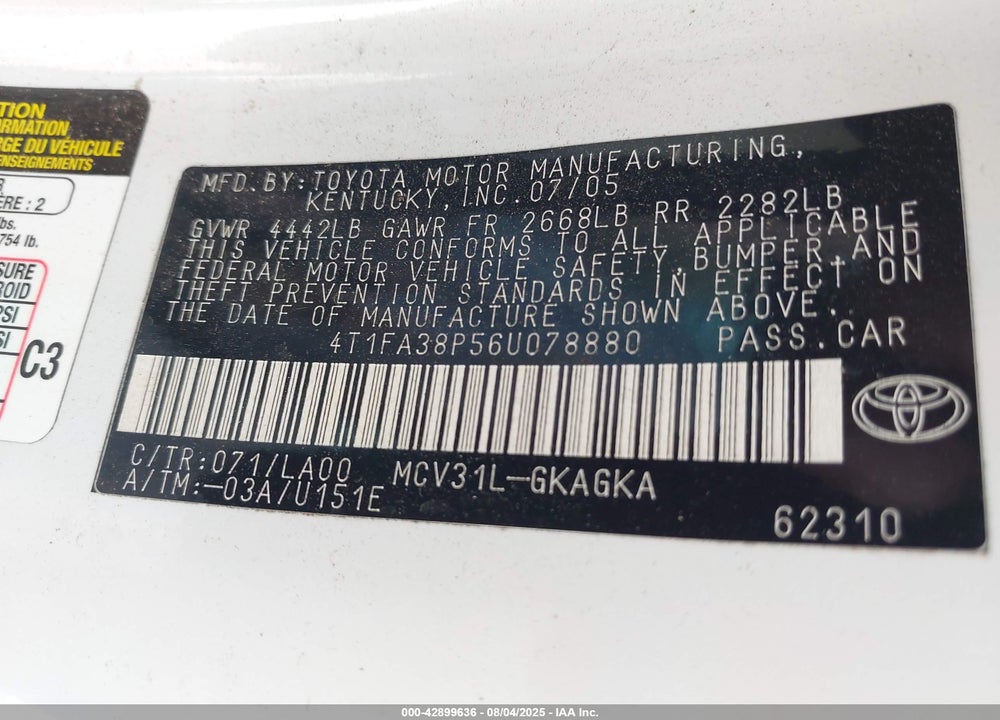 2006 TOYOTA CAMRY VIN: 4T1FA38P56U078880