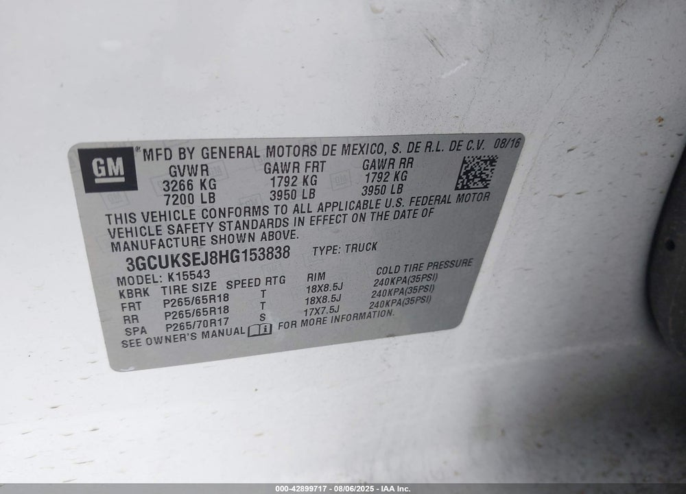 2017 CHEVROLET SILVERADO 1500 VIN: 3GCUKSEJ8HG153838
