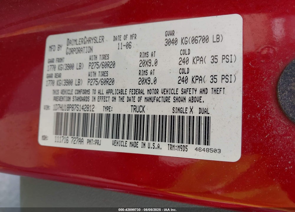 2007 DODGE RAM 1500 SLT/TRX4 OFF ROAD/SPORT VIN: 1D7HU18P87S142812