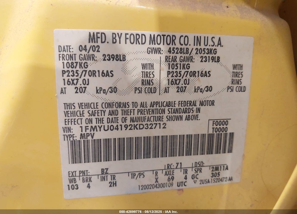 2002 FORD ESCAPE XLT VIN: 1FMYU04192KD32712