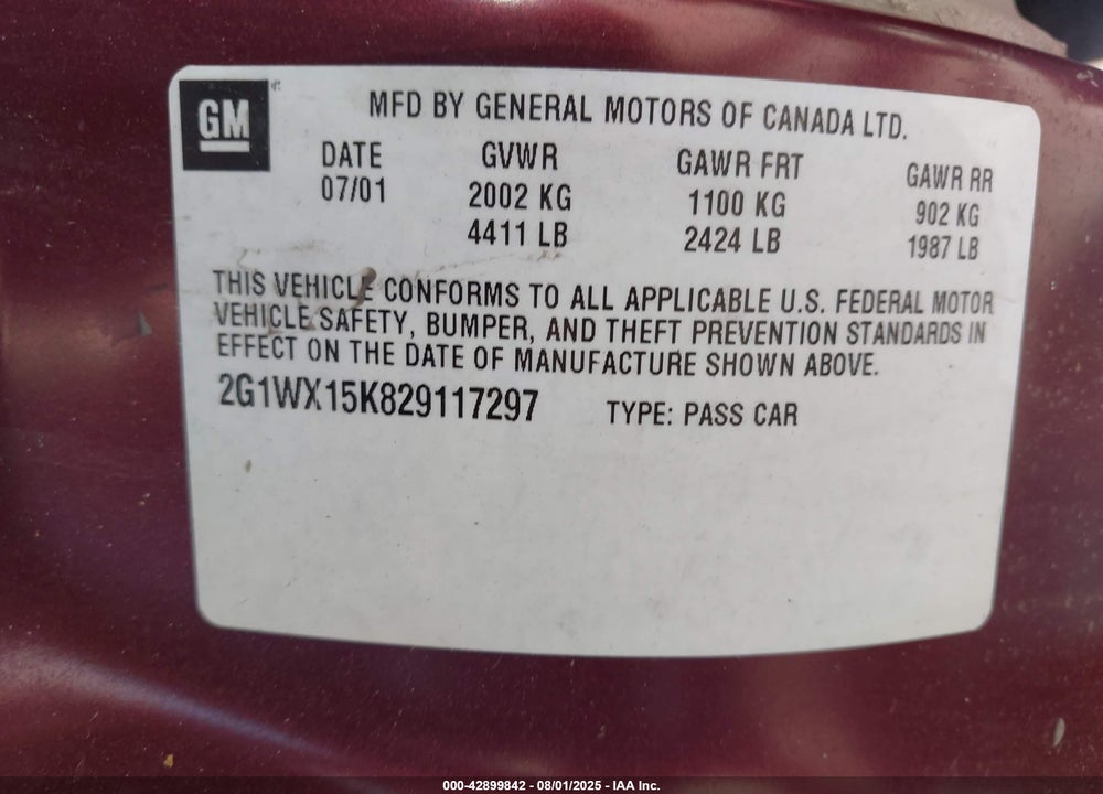 2002 CHEVROLET MONTE CARLO SS VIN: 2G1WX15K829117297