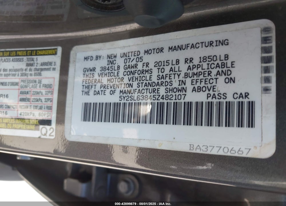2005 PONTIAC VIBE VIN: 5Y2SL63845Z482107