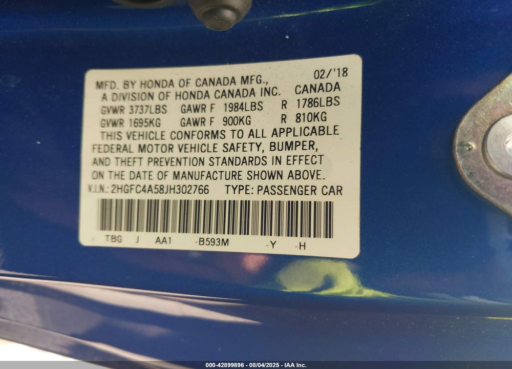 2018 HONDA CIVIC LX VIN: 2HGFC4A58JH302766