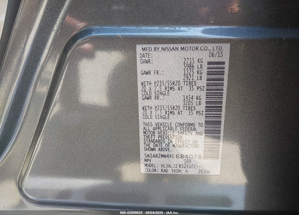 2015 NISSAN PATHFINDER PLATINUM VIN: 5N1AR2MN4FC684078