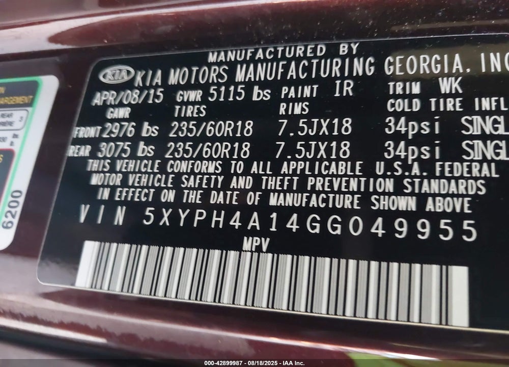 2016 KIA SORENTO VIN: 5XYPH4A14GG049955