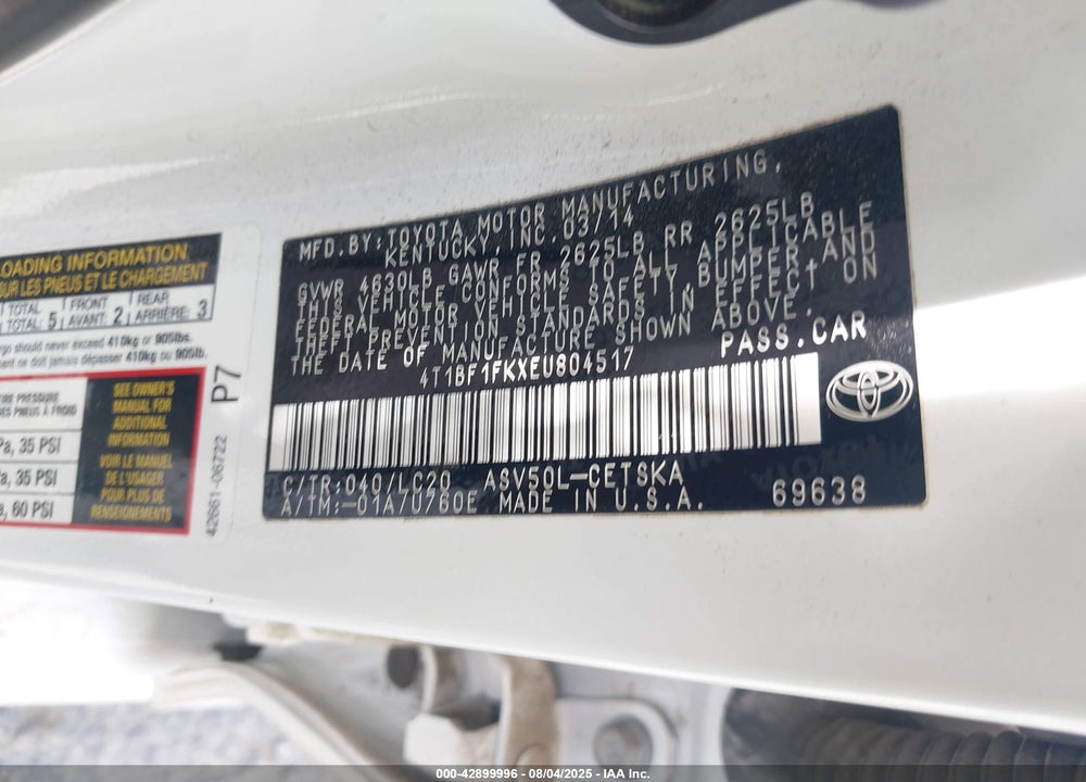 2014 TOYOTA CAMRY VIN: 4T1BF1FKXEU804517