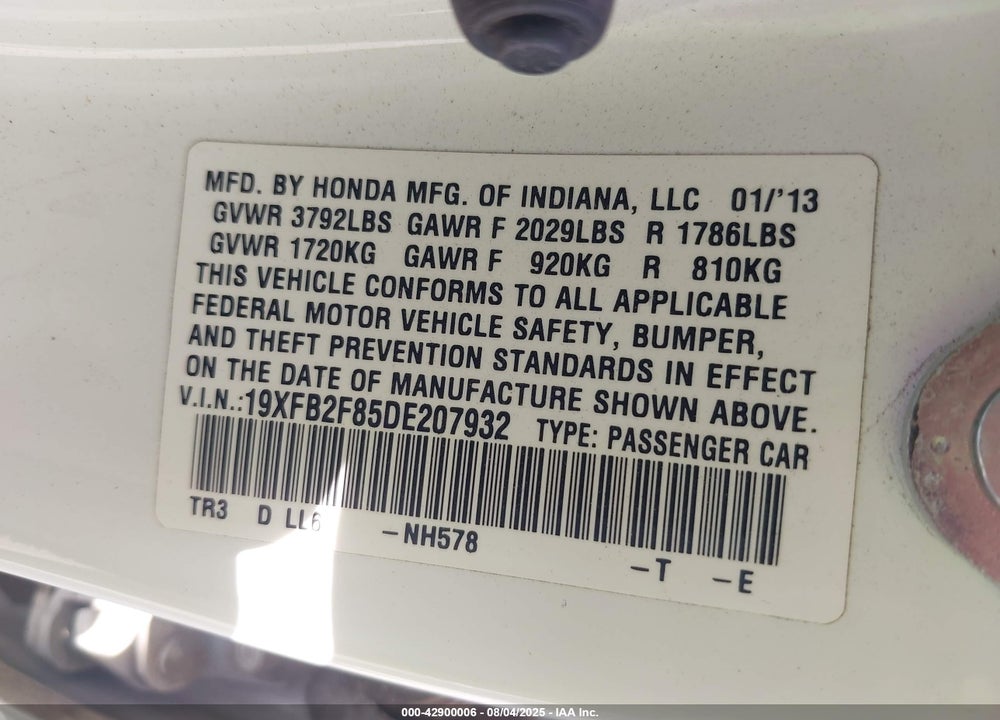 2013 HONDA CIVIC VIN: 19XFB2F85DE207932