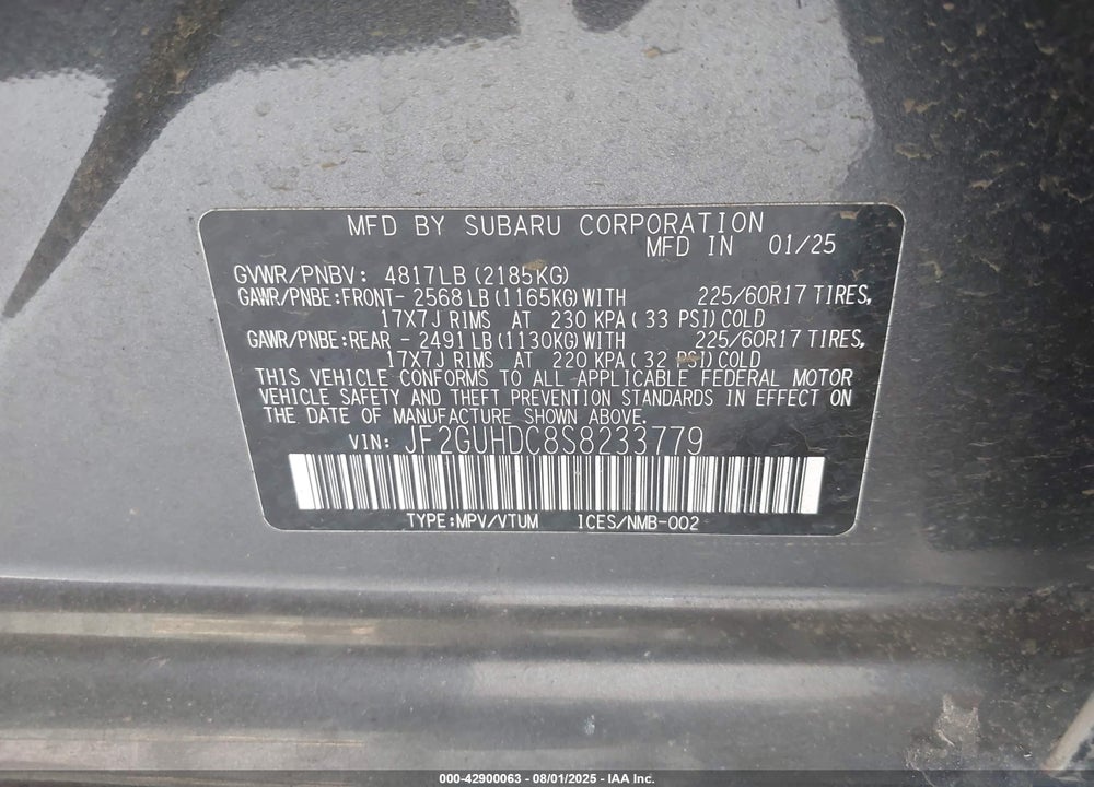 2025 SUBARU CROSSTREK VIN: JF2GUHDC8S8233779