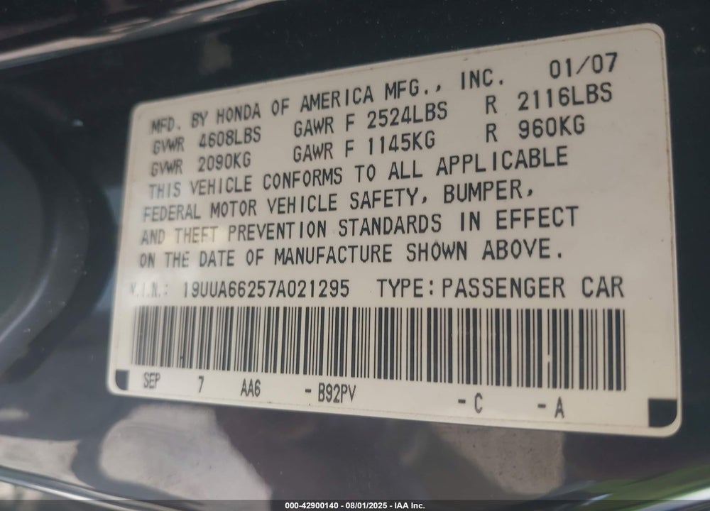 2007 ACURA TL VIN: 19UUA66257A021295
