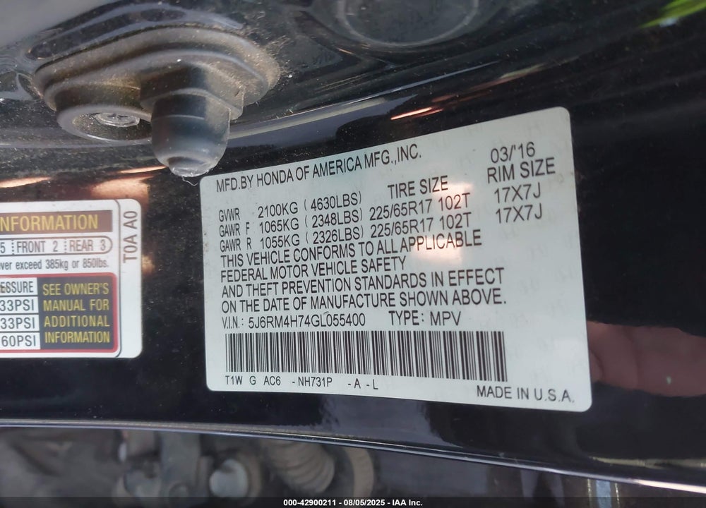 2016 HONDA CR-V VIN: 5J6RM4H74GL055400