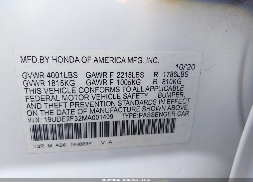 2021 ACURA ILX VIN: 19UDE2F32MA001409
