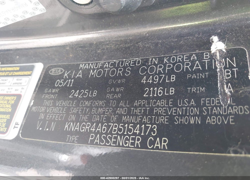 2011 KIA OPTIMA SX VIN: KNAGR4A67B5154173