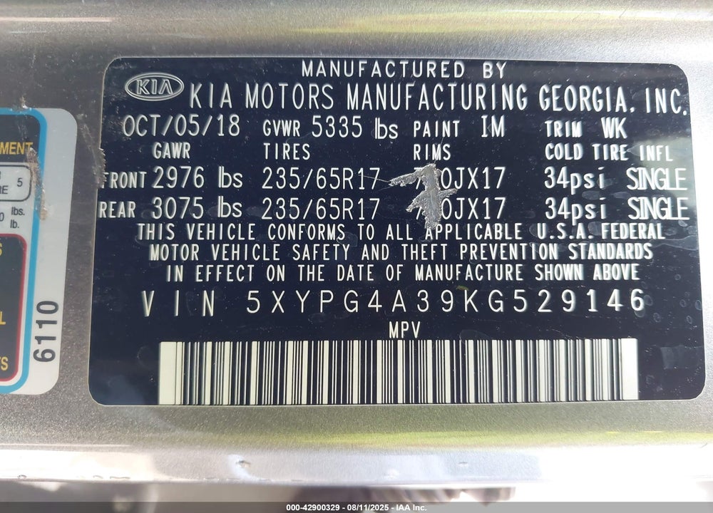 2019 KIA SORENTO VIN: 5XYPG4A39KG529146