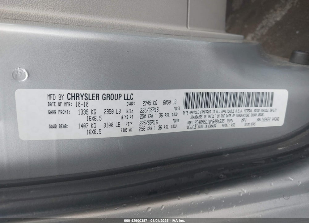 2010 DODGE GRAND CARAVAN VIN: 2D4RN5D10AR484335