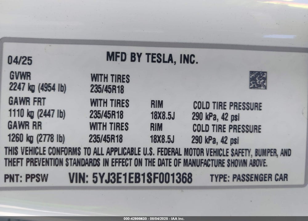 2025 TESLA MODEL 3 LONG RANGE ALL-WHEEL DRIVE VIN: 5YJ3E1EB1SF001368