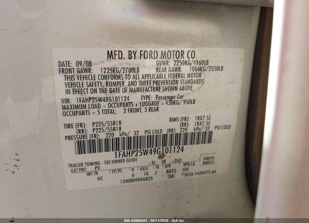 2009 FORD TAURUS VIN: 1FAHP25W49G101124
