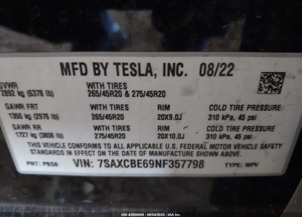 2022 TESLA MODEL X PLAID TRI MOTOR ALL-WHEEL DRIVE VIN: 7SAXCBE69NF357798