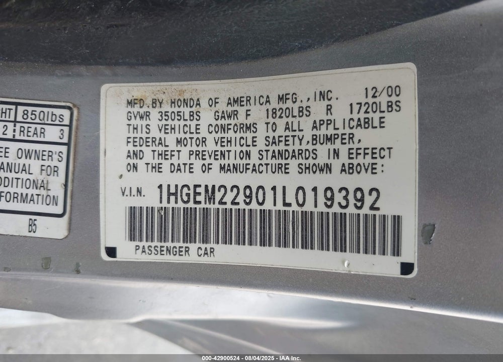 2001 HONDA CIVIC EX VIN: 1HGEM22901L019392