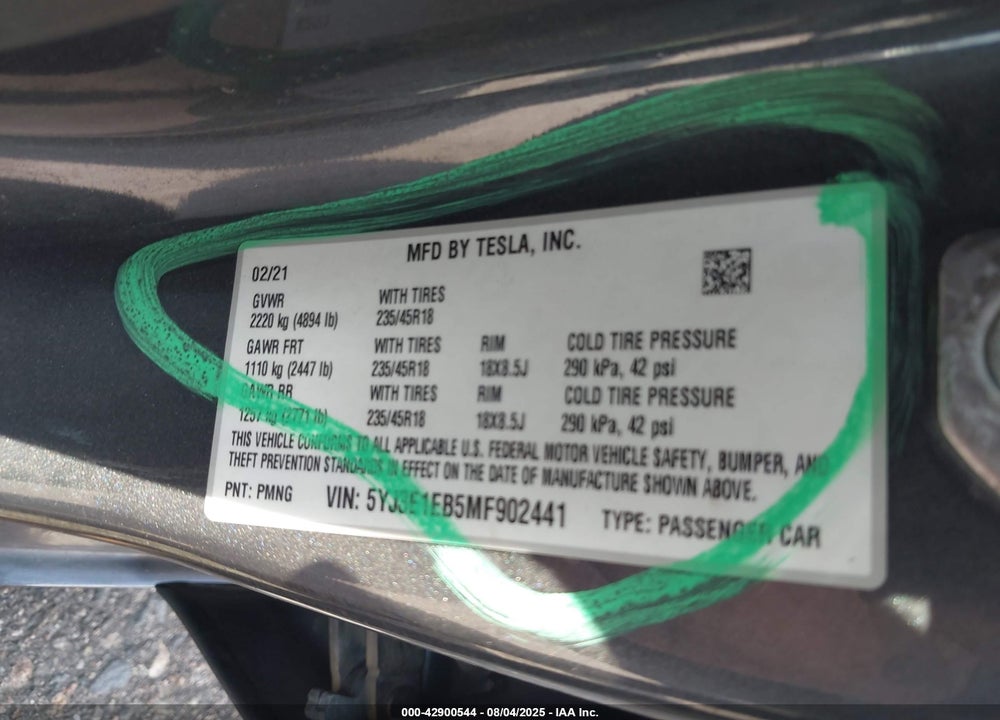 2021 TESLA MODEL 3 VIN: 5YJ3E1EB5MF902441