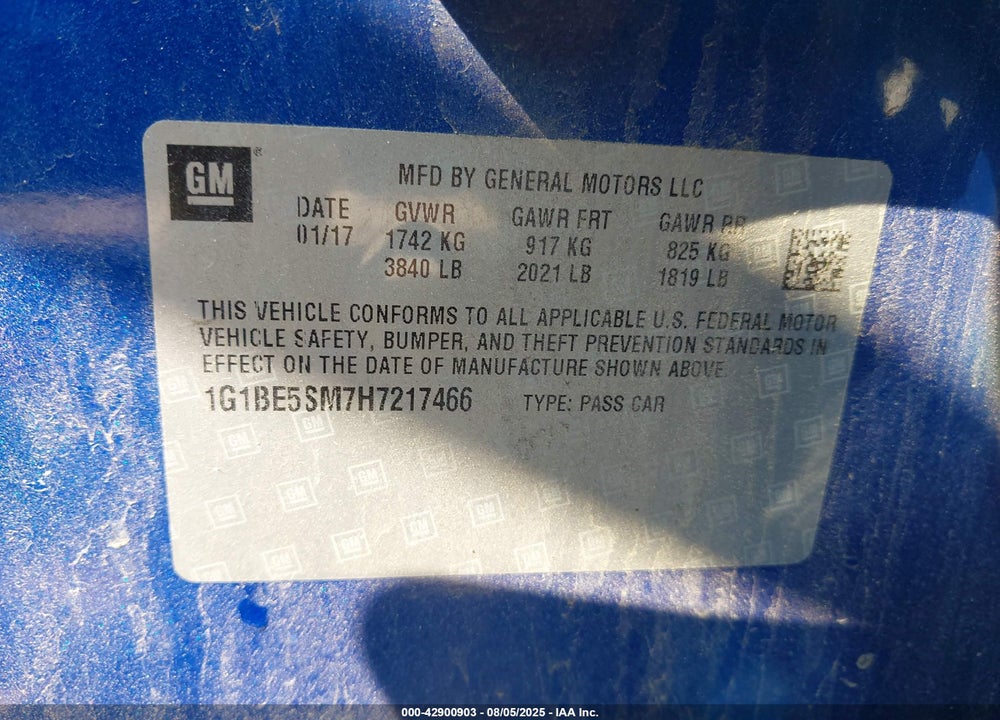 2017 CHEVROLET CRUZE VIN: 1G1BE5SM7H7217466