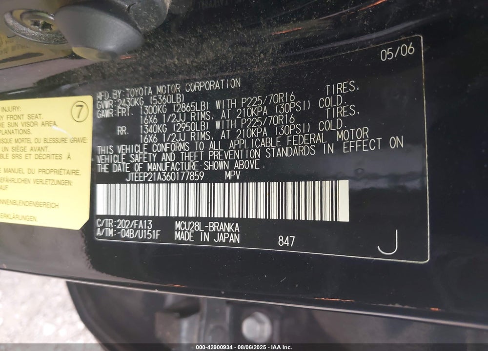 2006 TOYOTA HIGHLANDER V6 VIN: JTEEP21A360177859