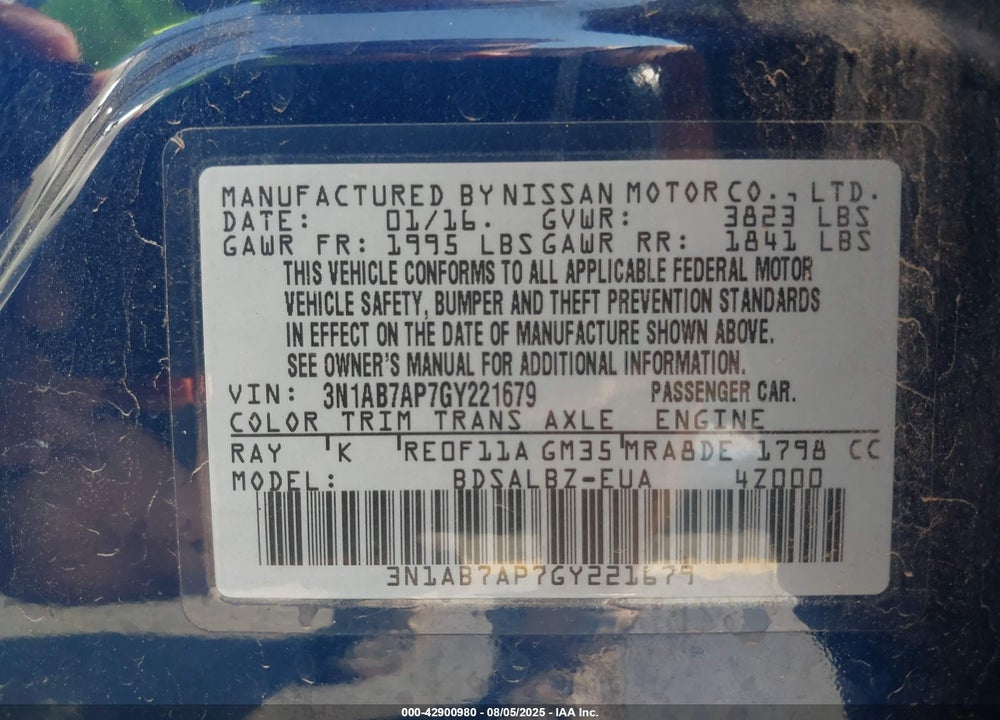 2016 NISSAN SENTRA VIN: 3N1AB7AP7GY221679