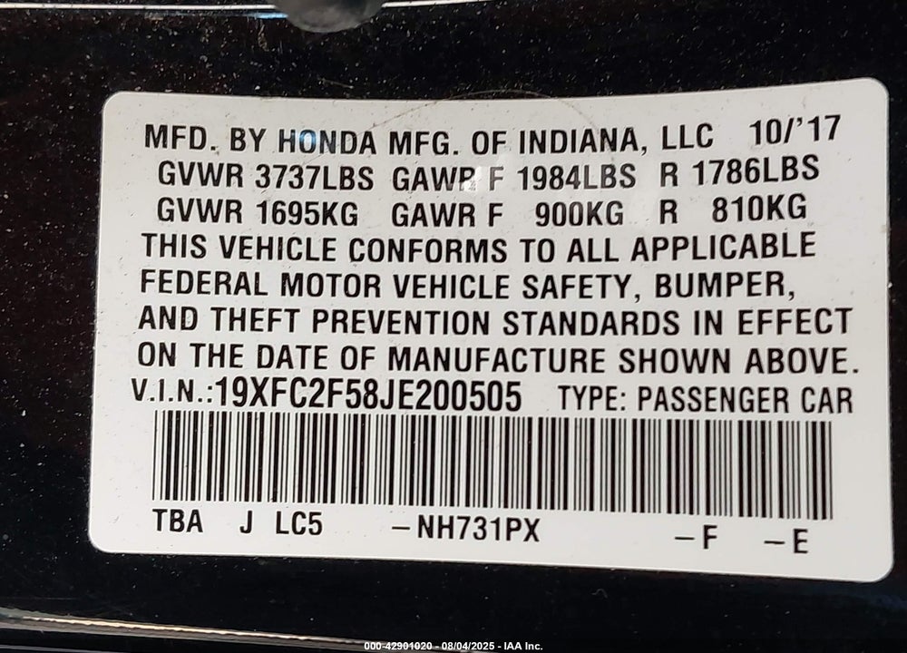 2018 HONDA CIVIC VIN: 19XFC2F58JE200505