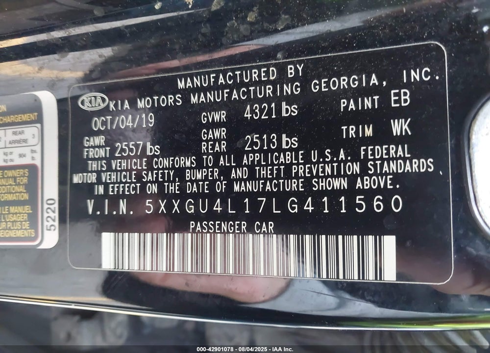 2020 KIA OPTIMA EX PREMIUM VIN: 5XXGU4L17LG411560