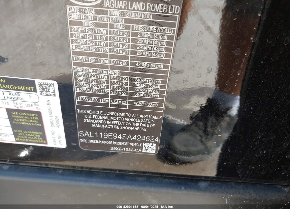 2025 LAND ROVER RANGE ROVER SPORT VIN: SAL119E94SA424624