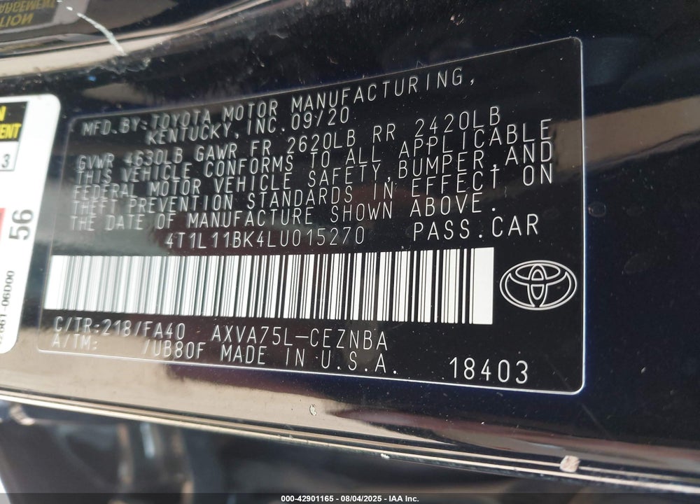 2020 TOYOTA CAMRY VIN: 4T1L11BK4LU015270