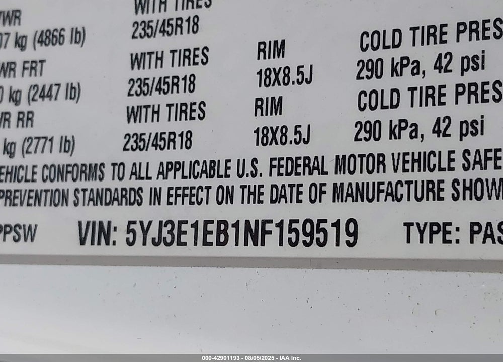 2022 TESLA MODEL 3 VIN: 5YJ3E1EB1NF159519