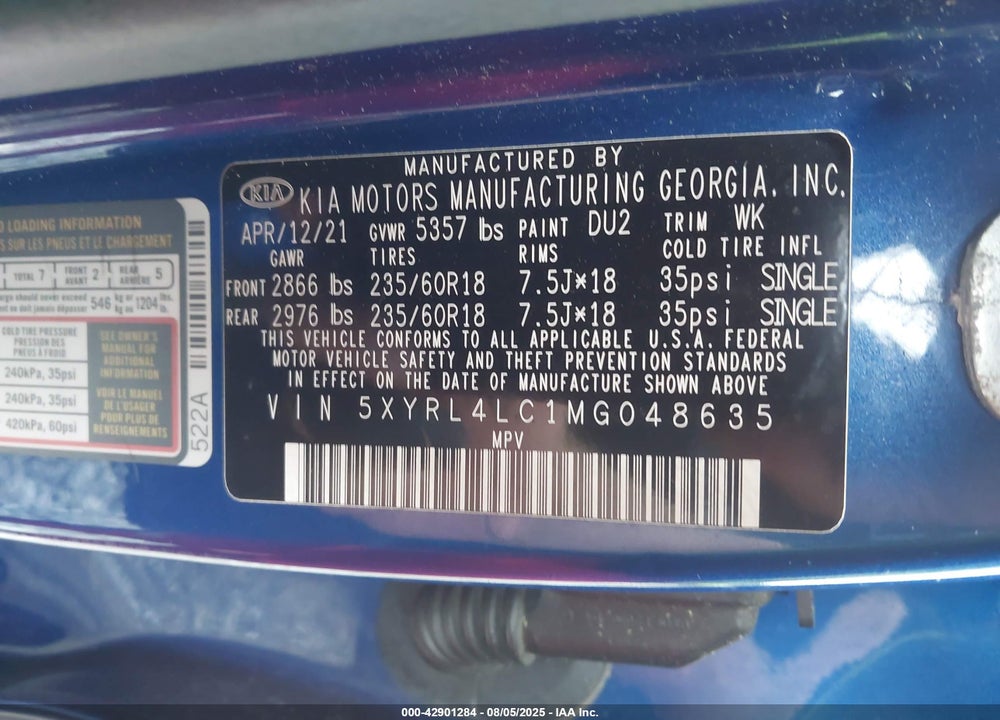 2021 KIA SORENTO VIN: 5XYRL4LC1MG048635