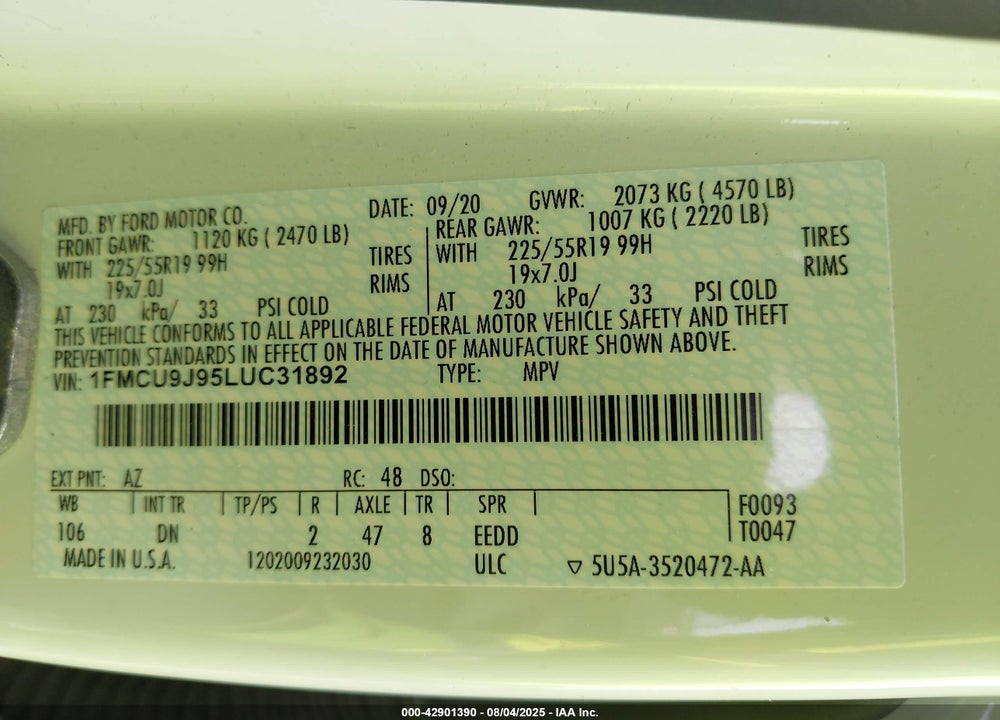 2020 FORD ESCAPE TITANIUM VIN: 1FMCU9J95LUC31892