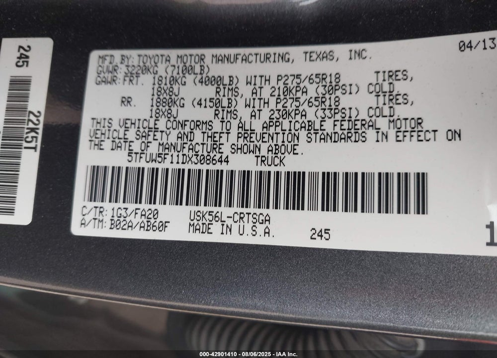 2013 TOYOTA TUNDRA VIN: 5TFUW5F11DX308644