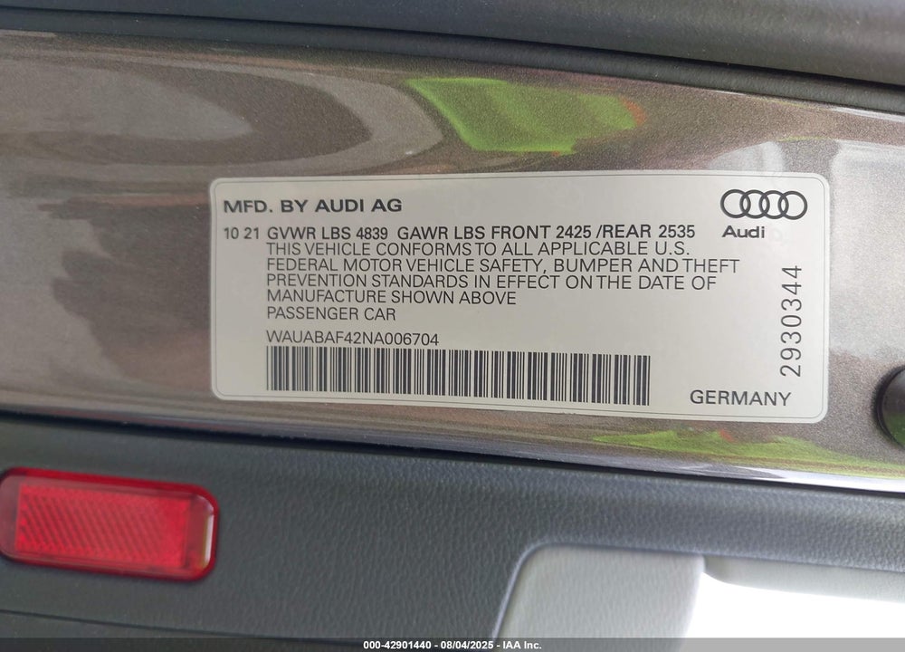 2022 AUDI A4 VIN: WAUABAF42NA006704